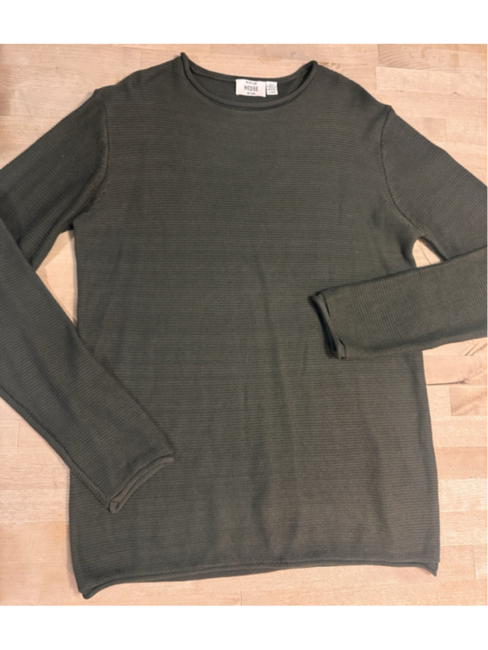 NWT Hedge Menβs Olive Green Waffle Knit Raw Hem Longsleeve Thermal Sweater Sz L